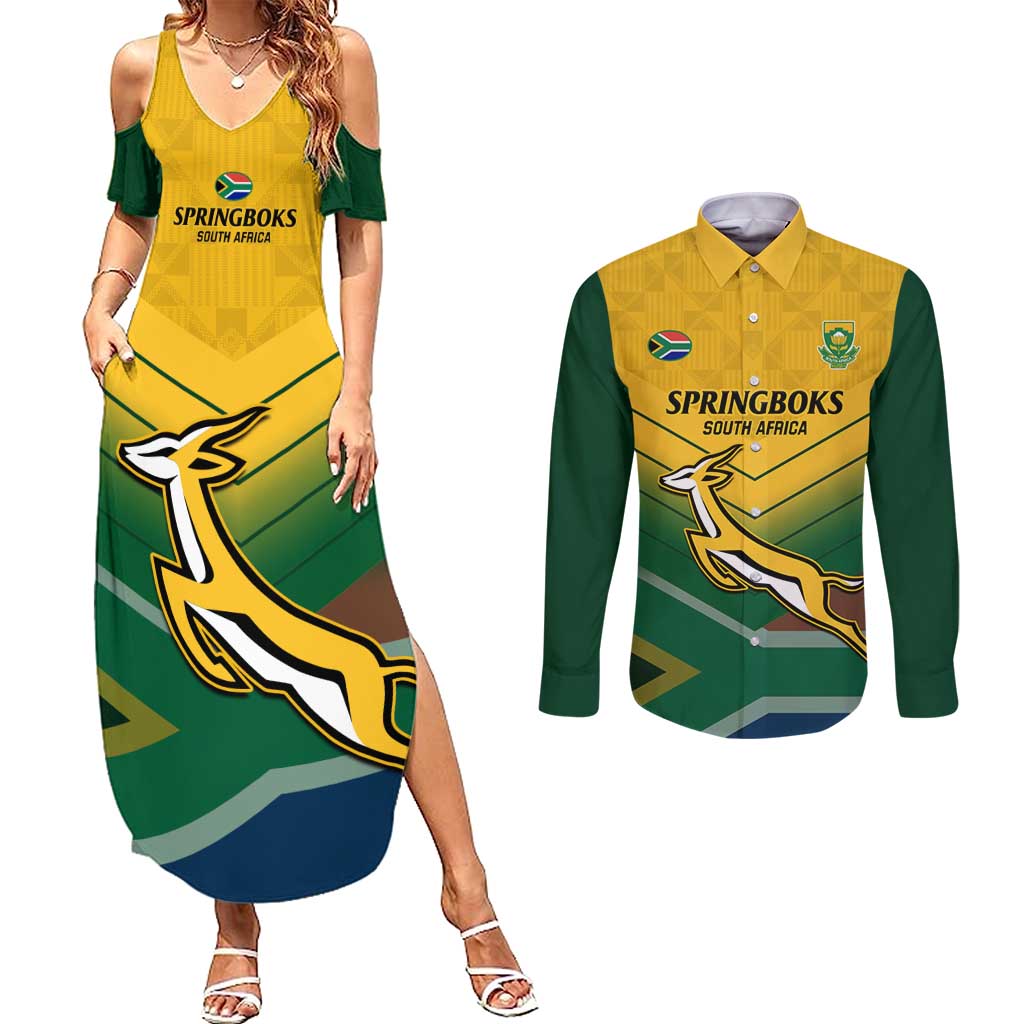 Custom South Africa Rugby Couples Matching Summer Maxi Dress and Long Sleeve Button Shirt Springboks Go Champions African Pattern - Wonder Print Shop