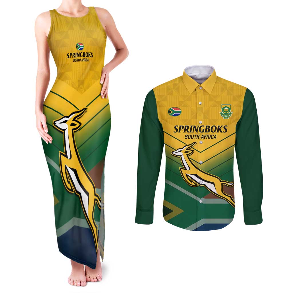 Custom South Africa Rugby Couples Matching Tank Maxi Dress and Long Sleeve Button Shirt Springboks Go Champions African Pattern - Wonder Print Shop