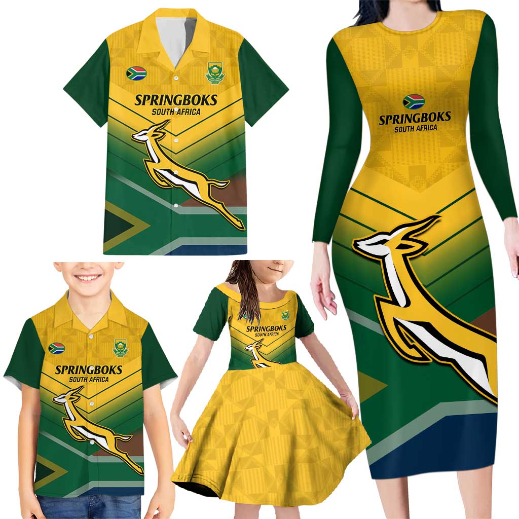 Custom South Africa Rugby Family Matching Long Sleeve Bodycon Dress and Hawaiian Shirt Springboks Go Champions African Pattern - Wonder Print Shop