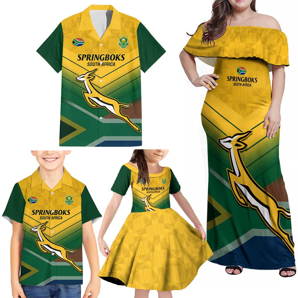 Custom South Africa Rugby Family Matching Off Shoulder Maxi Dress and Hawaiian Shirt Springboks Go Champions African Pattern - Wonder Print Shop