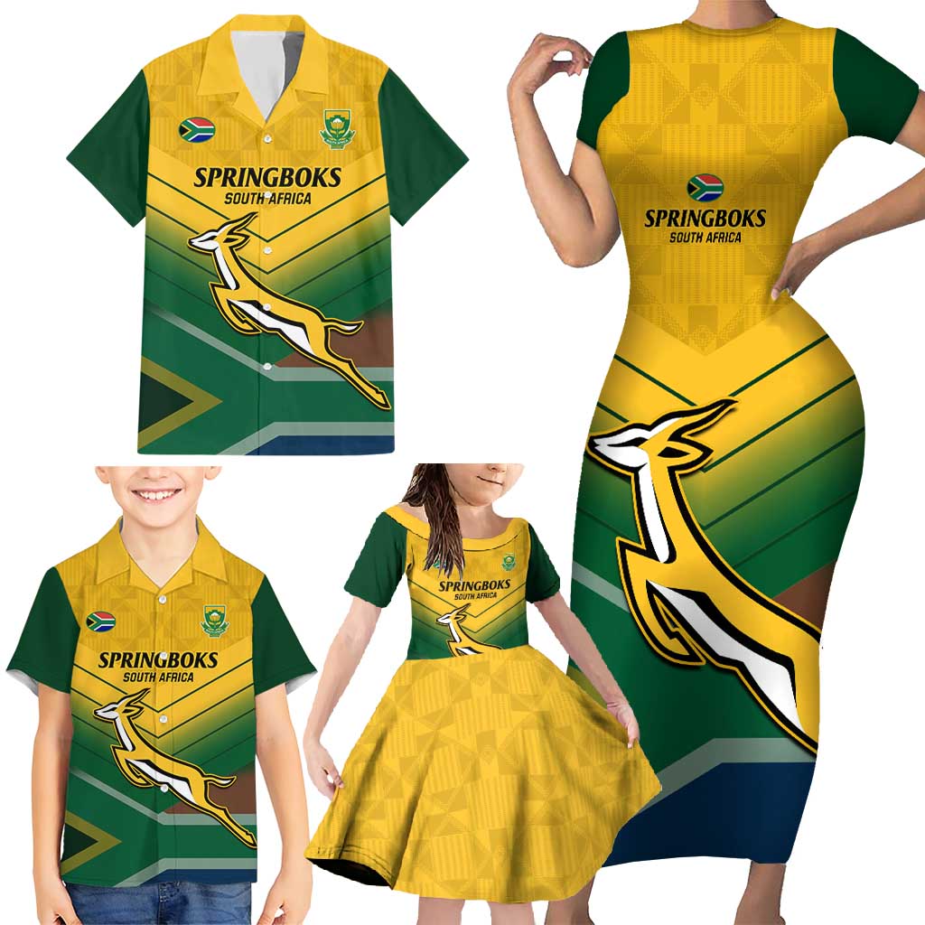 Custom South Africa Rugby Family Matching Short Sleeve Bodycon Dress and Hawaiian Shirt Springboks Go Champions African Pattern - Wonder Print Shop