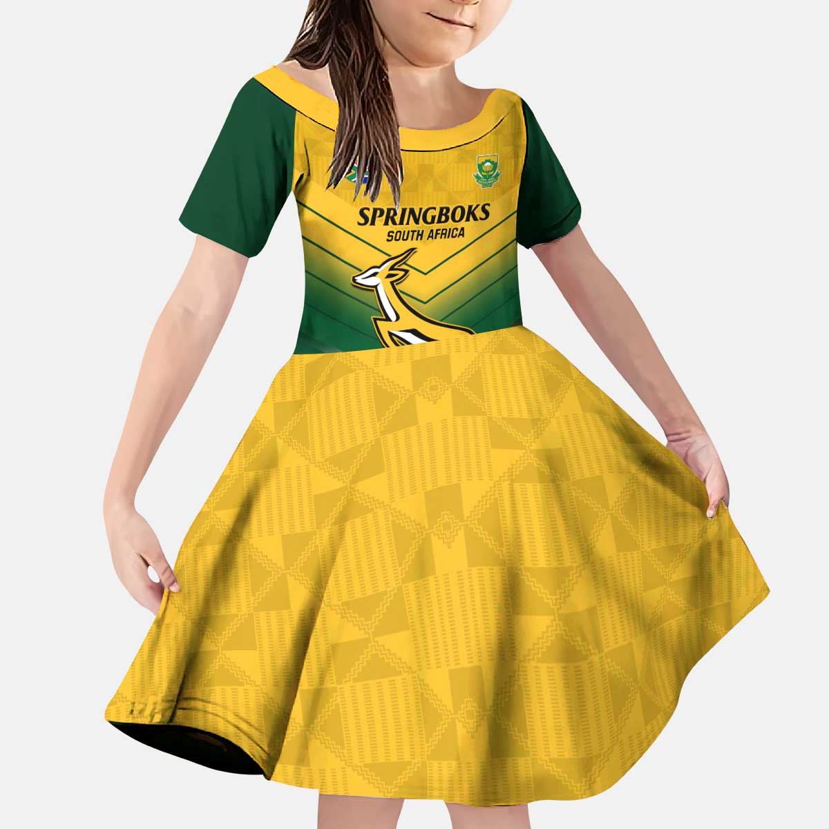 Custom South Africa Rugby Kid Short Sleeve Dress Springboks Go Champions African Pattern - Wonder Print Shop