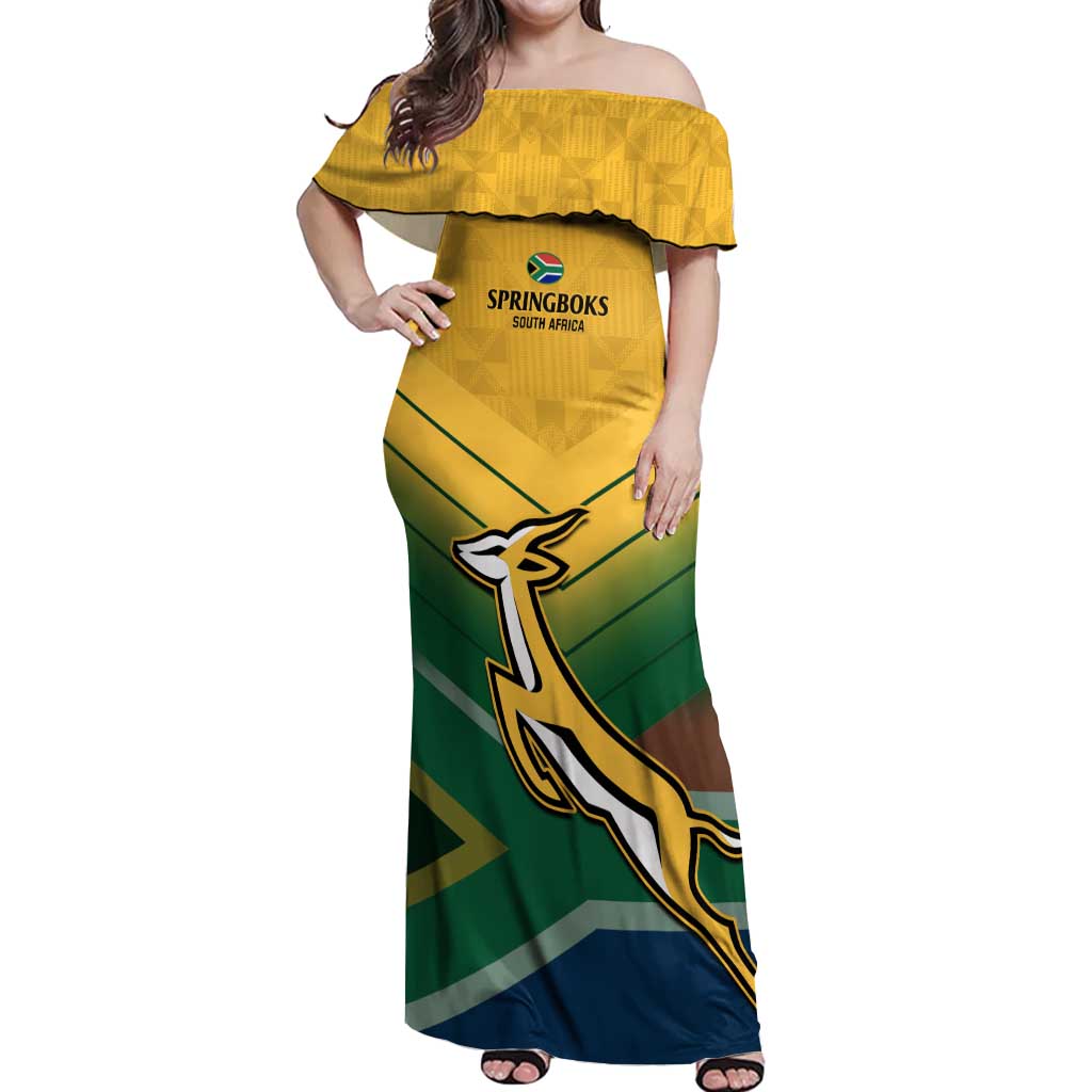 Custom South Africa Rugby Off Shoulder Maxi Dress Springboks Go Champions African Pattern - Wonder Print Shop