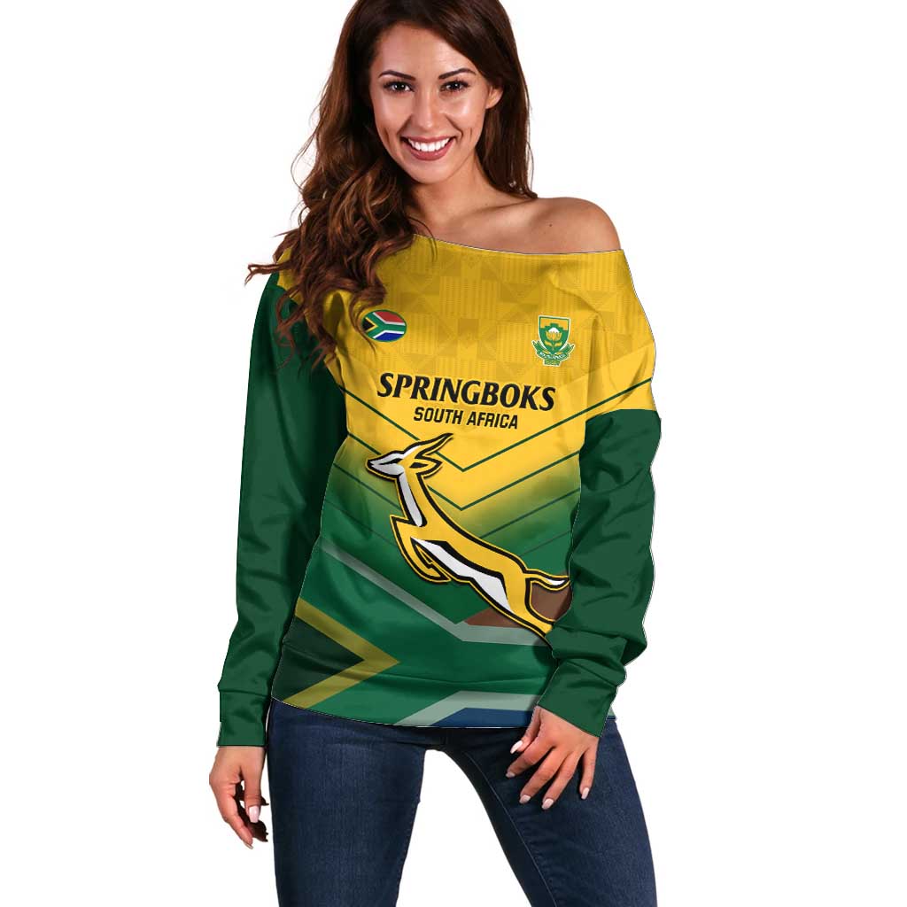 Custom South Africa Rugby Off Shoulder Sweater Springboks Go Champions African Pattern - Wonder Print Shop