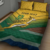 Rugby quilt bed set with green and yellow stripes, Go Bokke emblem, and “YOUR TEXT”