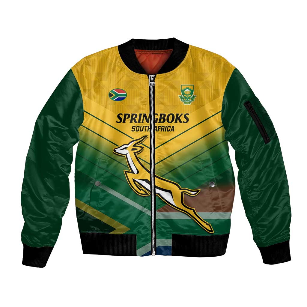 Custom South Africa Rugby Sleeve Zip Bomber Jacket Springboks Go Champions African Pattern - Wonder Print Shop