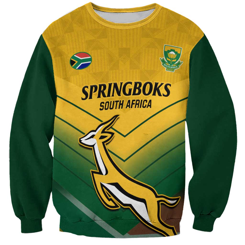 Rugby sweatshirt, green sleeves with yellow chest graphic: Springboks South Africa crest