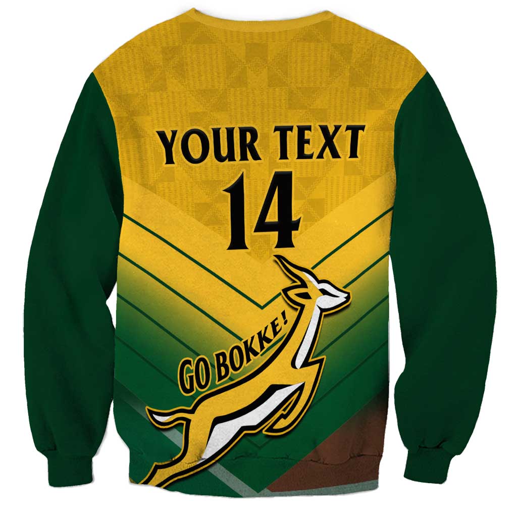 Rugby sweatshirt, green sleeves with yellow back graphic text 'YOUR TEXT' and number 14