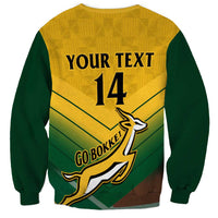 Rugby sweatshirt, green sleeves with yellow back graphic text 'YOUR TEXT' and number 14