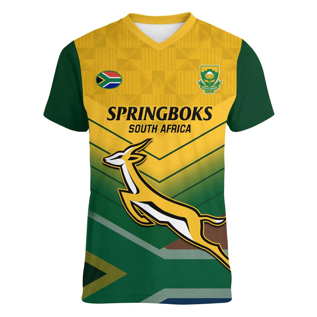 Custom South Africa Rugby Women V-Neck T-Shirt Springboks Go Champions African Pattern