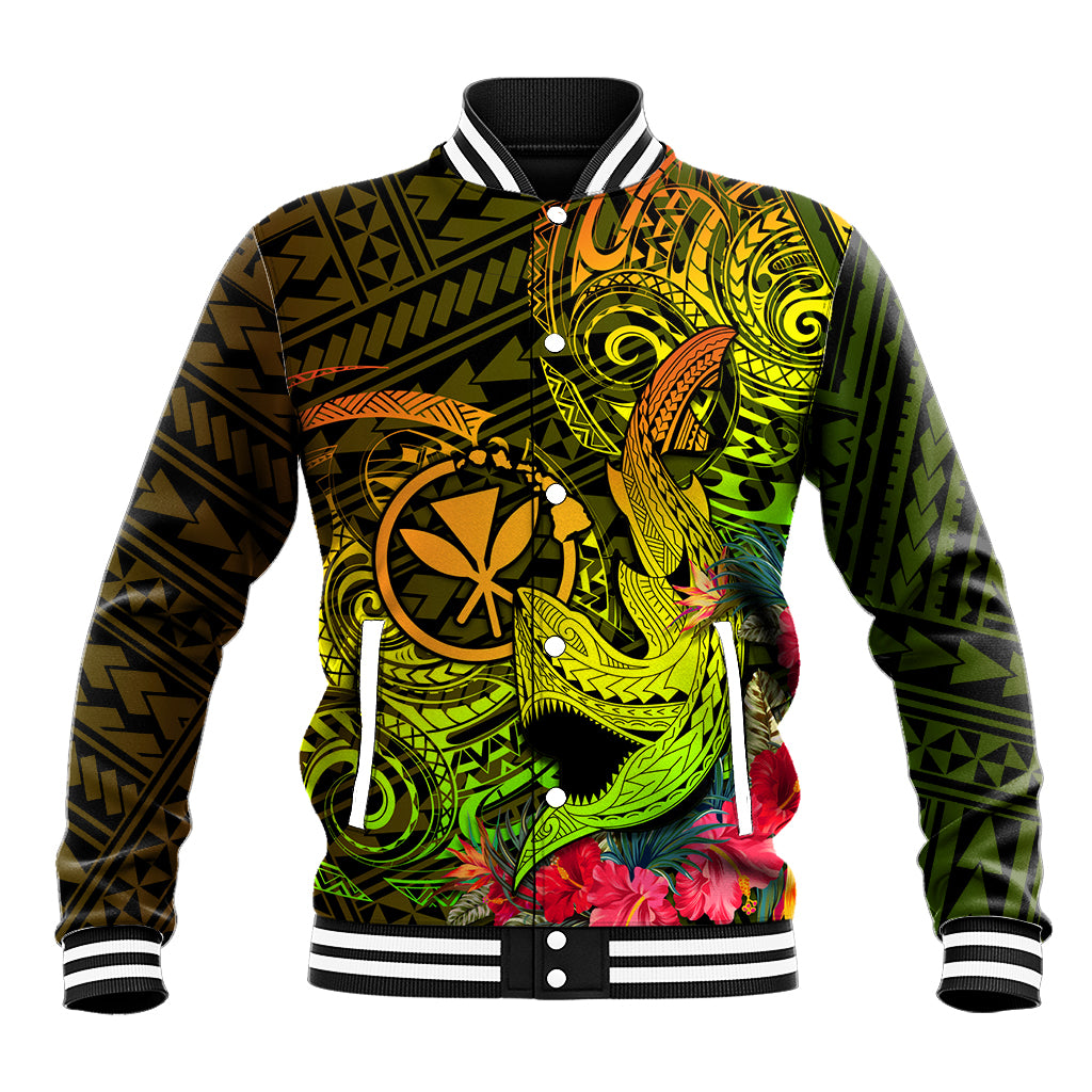 Unisex baseball jacket with neon green and black Polynesian shark and floral graphics