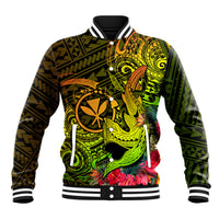Unisex baseball jacket with neon green and black Polynesian shark and floral graphics