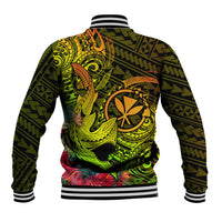 Unisex baseball jacket with large neon shark graphic on green and black tribal print