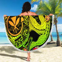 Round beach blanket with white fringe, bright Polynesian shark map and tribal patterns