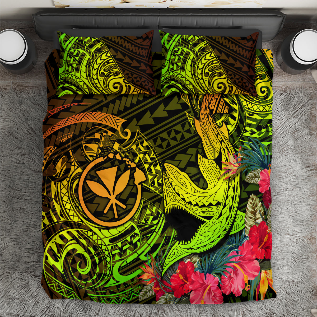 Hawaii bedding set with neon green tribal shark and hibiscus flower print