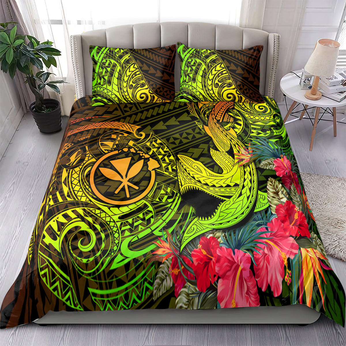Hawaii bedding set on bed with neon green tribal shark and red hibiscus print