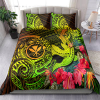 Hawaii bedding set on bed with neon green tribal shark and red hibiscus print