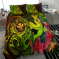 Hawaii bedding set on bed with vivid neon green tribal shark art and hibiscus flowers