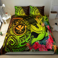 Hawaii bedding set with neon green tribal shark, sun emblem, and hibiscus flower print