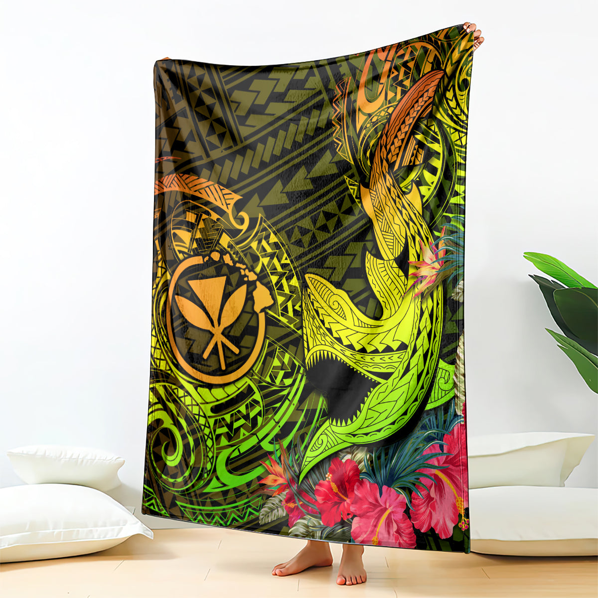 Colorful Polynesian shark and map graphic blanket with floral accents, green and yellow