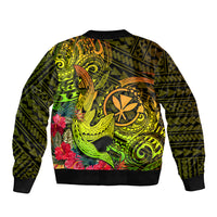 Unisex bomber jacket with black-and-neon green tribal pattern, ribbed hem and bold artwork