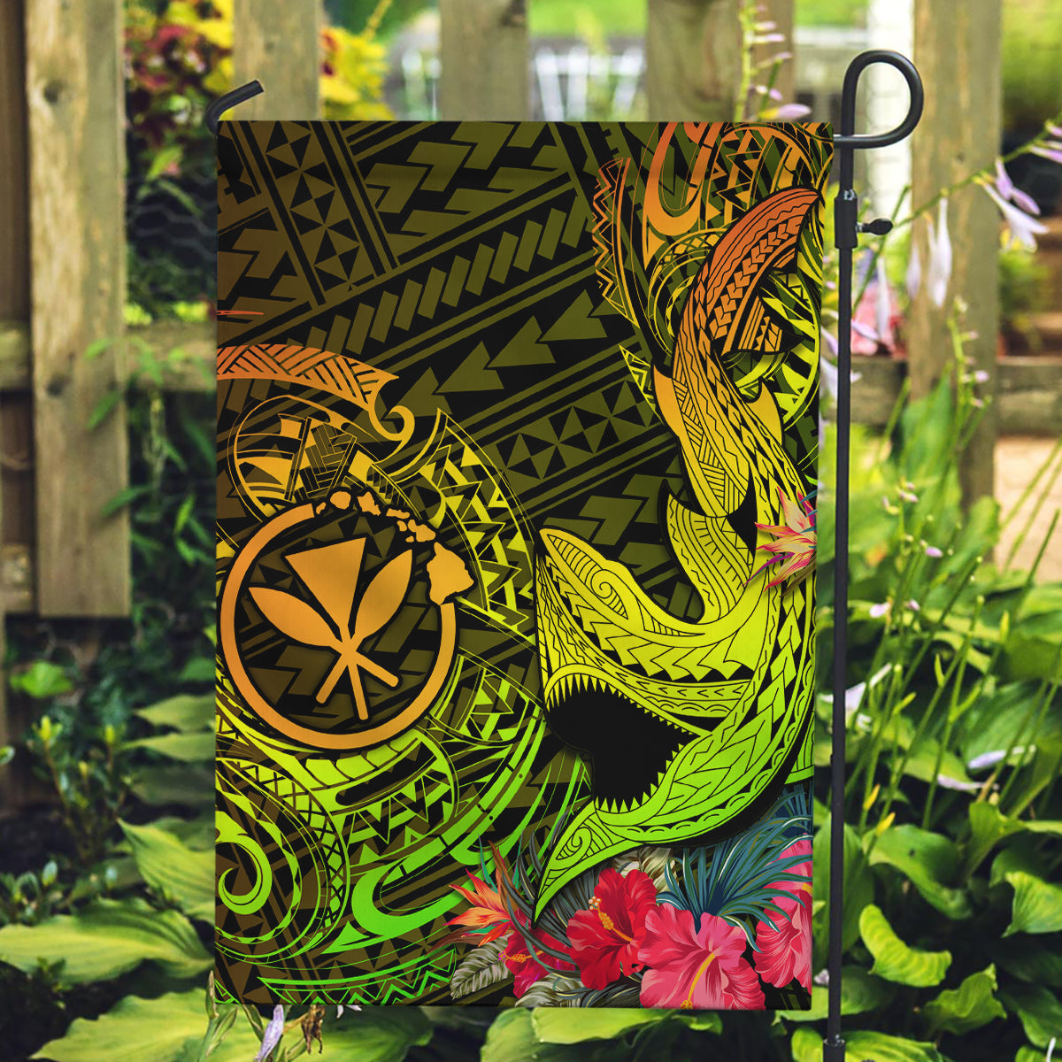 Hawaii Garden Flag Kanaka Map With Polynesian Shark Tattoo Reggae Unique - Wonder Print Shop