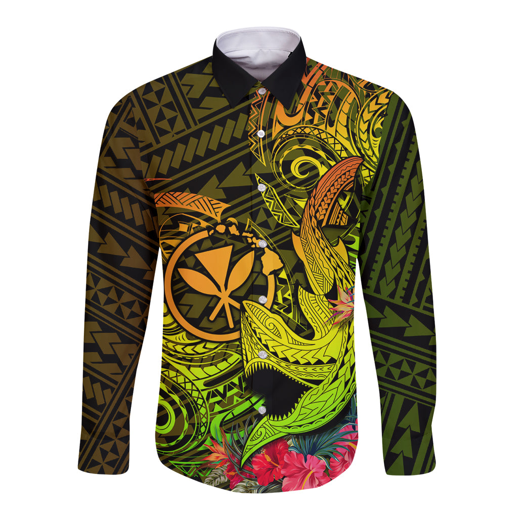 Long sleeve button shirt with bold tropical tribal shark print and floral hem