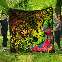 Reggae Hawaiian quilt spread outdoors with neon green tiki artwork, shark tattoo, red hibiscus