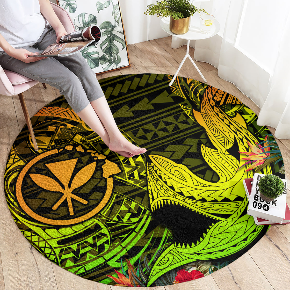 Round tropical shark rug, green and yellow tribal print with orange star medallion