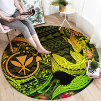 Round tropical shark rug, green and yellow tribal print with orange star medallion