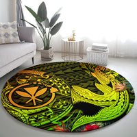 Round polynesian shark carpet with lime green fin and black tribal patterns, circular layout