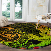 Round tribal shark rug with yellow-green wave lines and dark geometric band