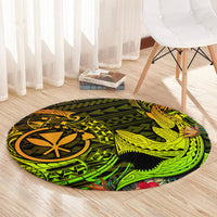 Round shark area rug with lime green and yellow designs and orange flower-like emblem