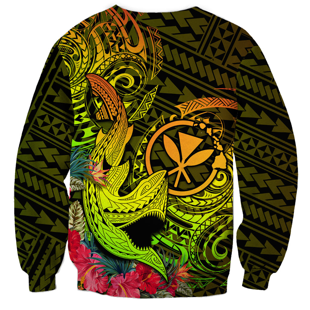 Unisex crewneck sweatshirt with neon shark face, tribal circle emblem, floral hem