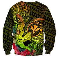 Unisex crewneck sweatshirt with neon shark face, tribal circle emblem, floral hem