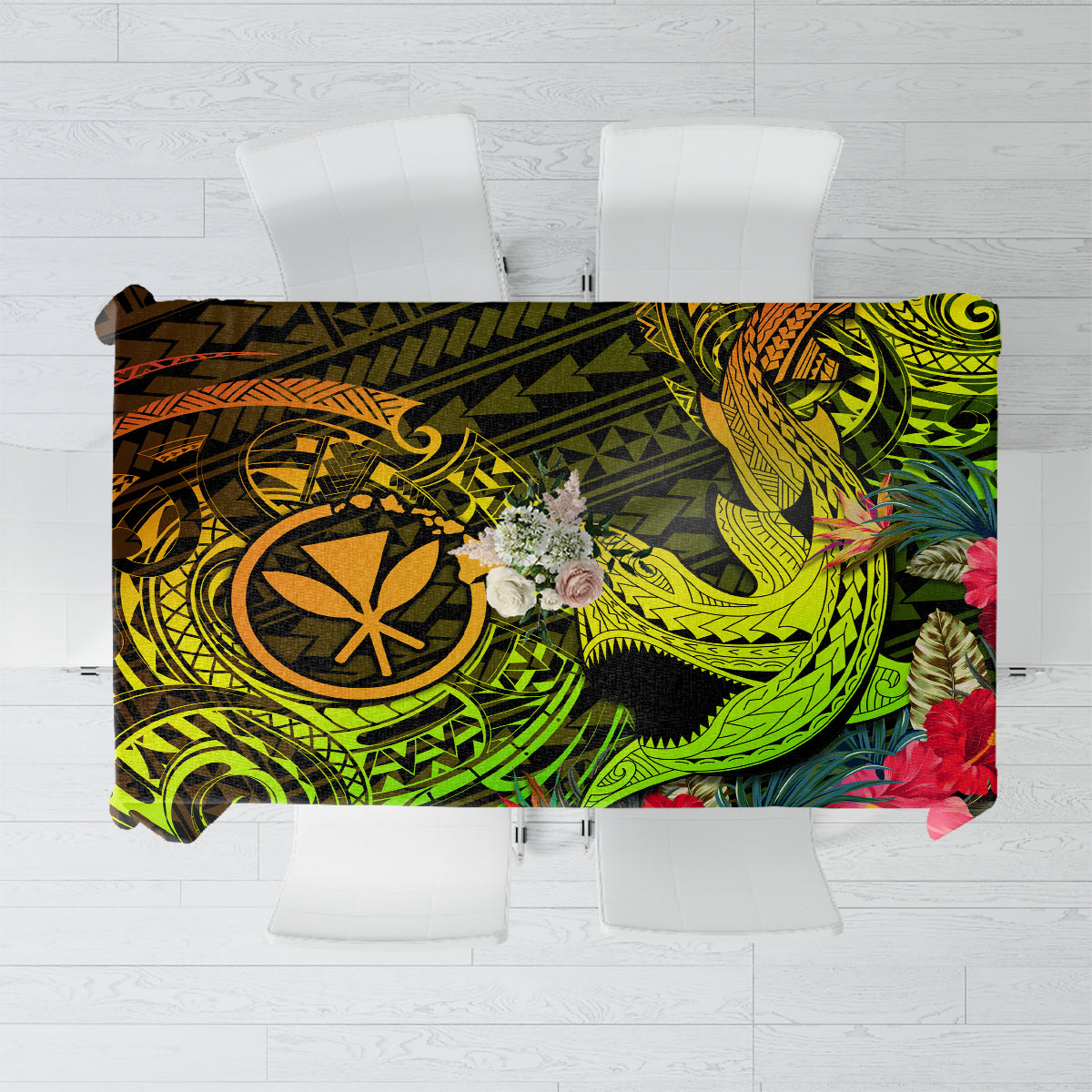 Square tablecloth with bold green, black, and red tribal-style ocean and floral pattern