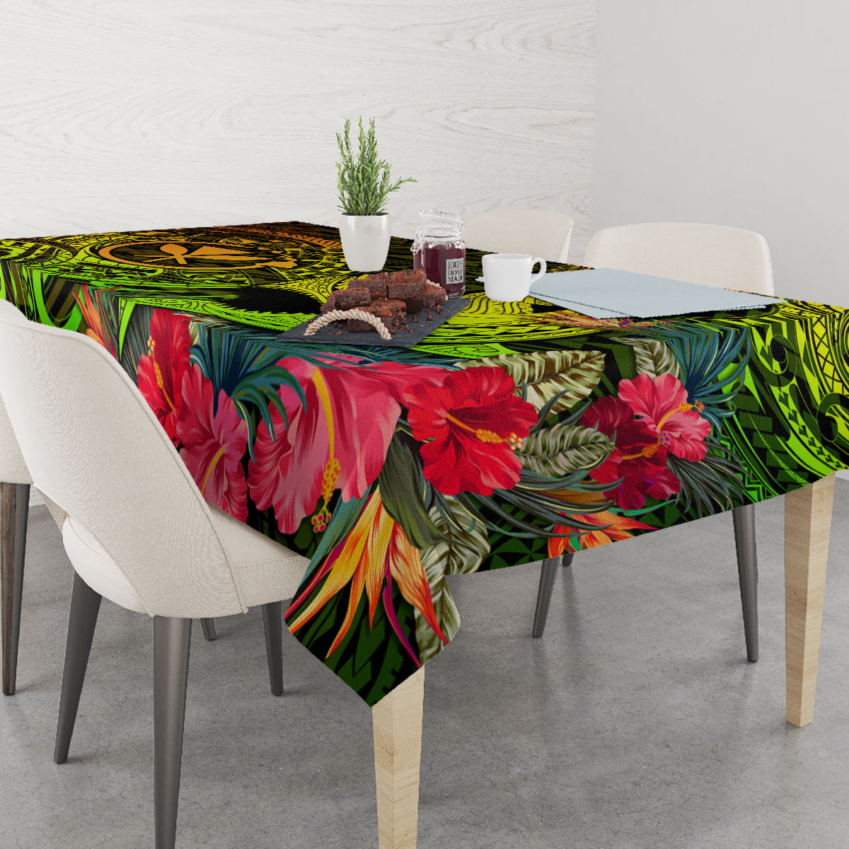 Tablecloth featuring vivid green swirls, red hibiscus-style blooms, and tropical leaf print