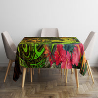 Round tablecloth design with neon green borders, red flowers, and dark Polynesian-style symbols