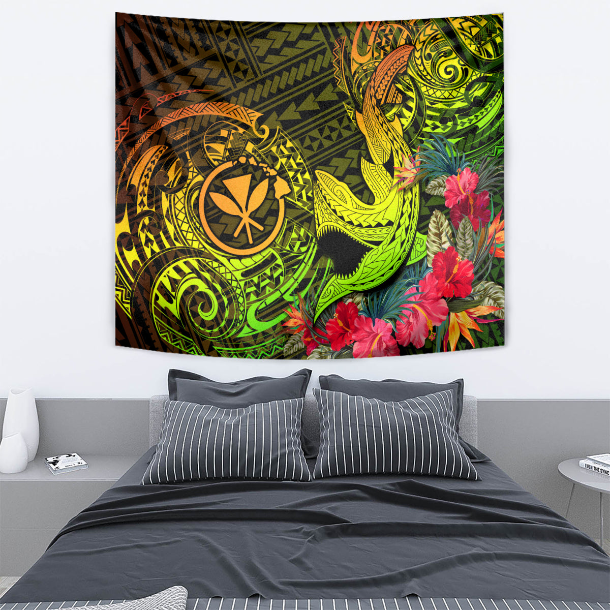 Polynesian shark tapestry in neon green, gold, and orange with hibiscus flowers