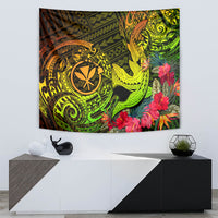 Polynesian shark tapestry with swirling tribal patterns, neon green and orange, red hibiscus