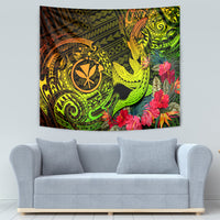 Polynesian shark tapestry in neon green and gold with orange accents and red hibiscus