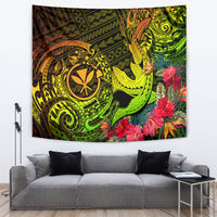 Polynesian shark tapestry with neon green tribal circles and red tropical flowers