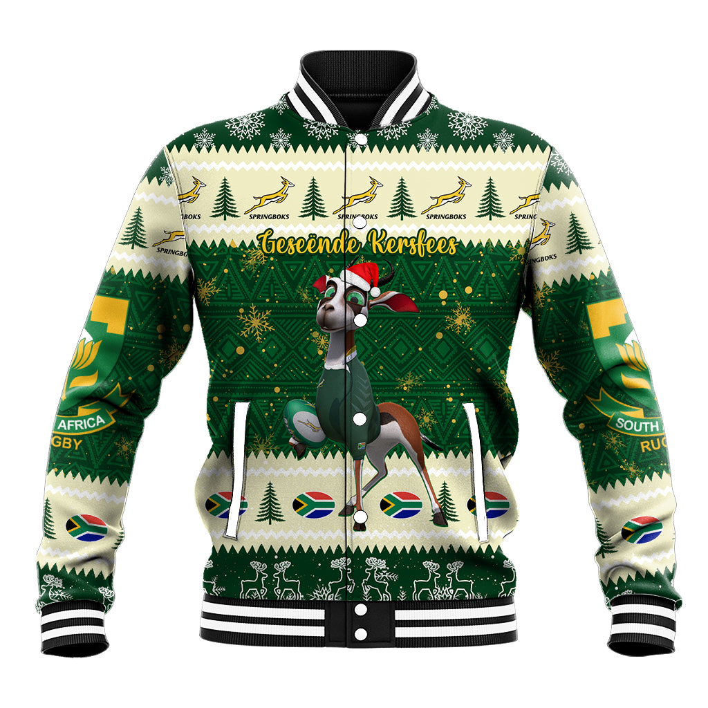 Custom South Africa Rugby Christmas Baseball Jacket Geseende Kersfees Springboks African Pattern - Wonder Print Shop