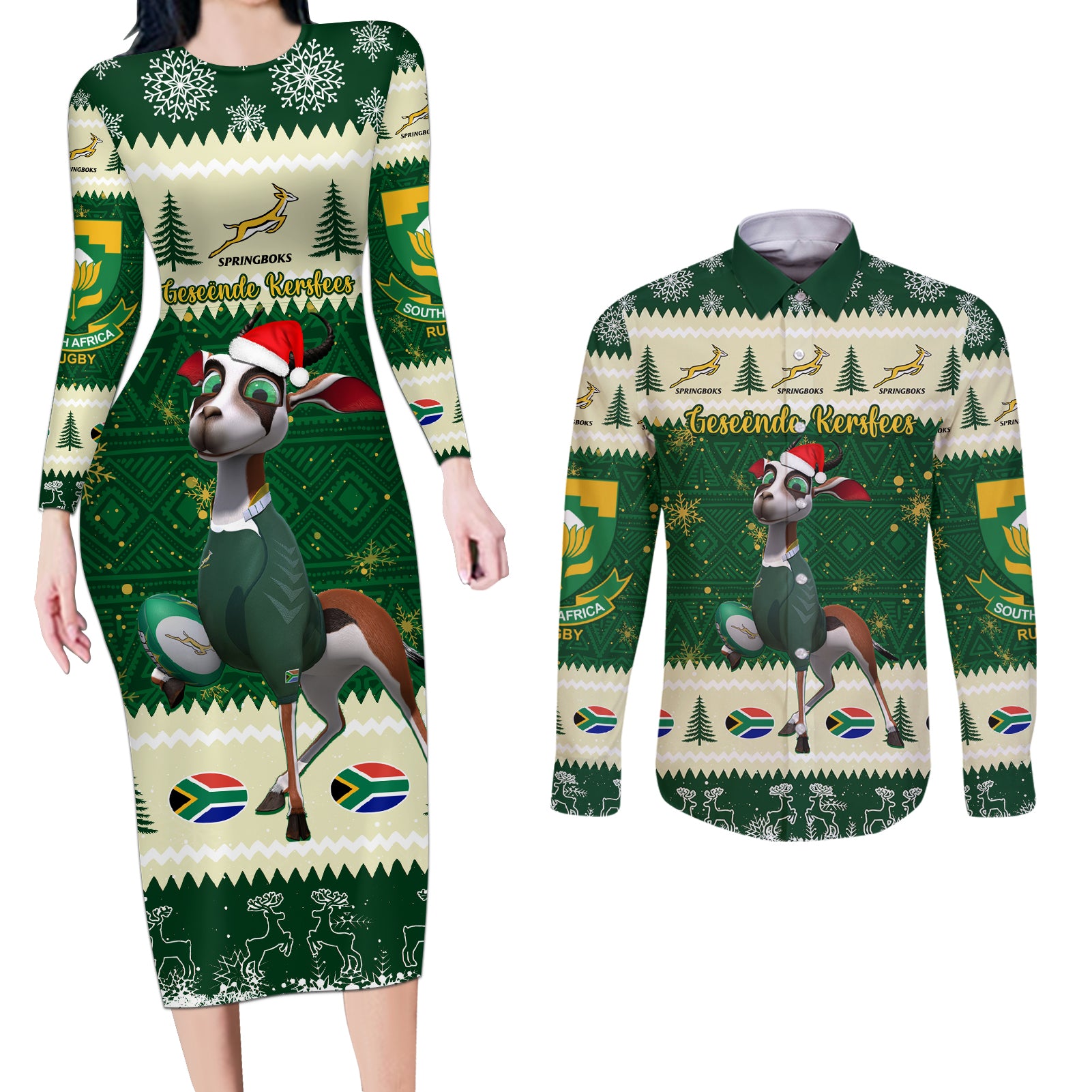 Custom South Africa Rugby Christmas Couples Matching Long Sleeve Bodycon Dress and Long Sleeve Button Shirt Geseende Kersfees Springboks African Pattern - Wonder Print Shop