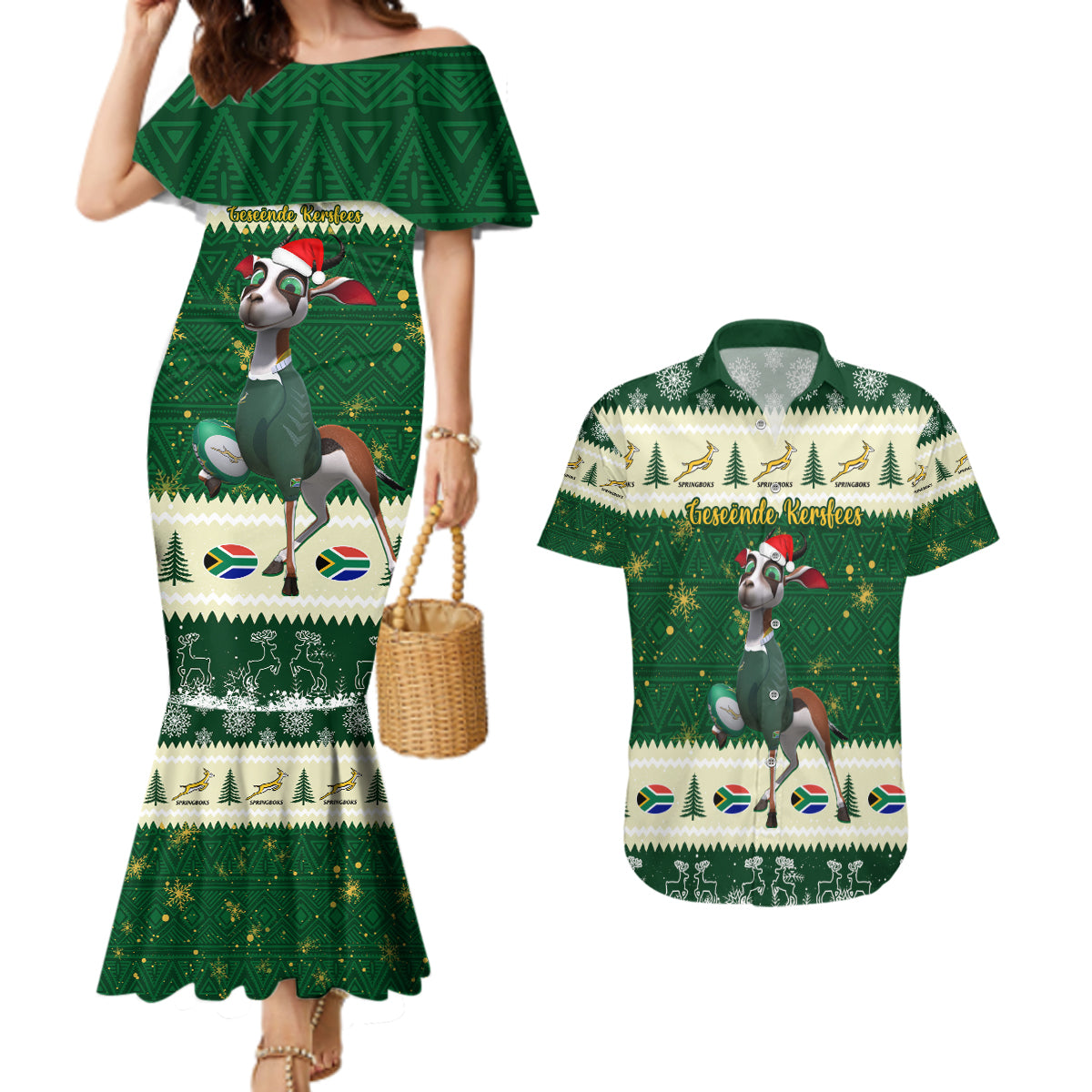 Custom South Africa Rugby Christmas Couples Matching Mermaid Dress and Hawaiian Shirt Geseende Kersfees Springboks African Pattern - Wonder Print Shop