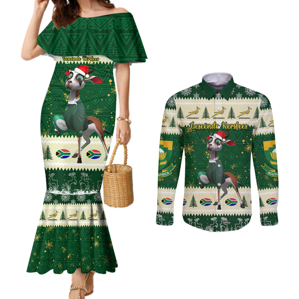 custom-south-africa-rugby-christmas-couples-matching-mermaid-dress-and-long-sleeve-button-shirt-geseende-kersfees-springboks-african-pattern