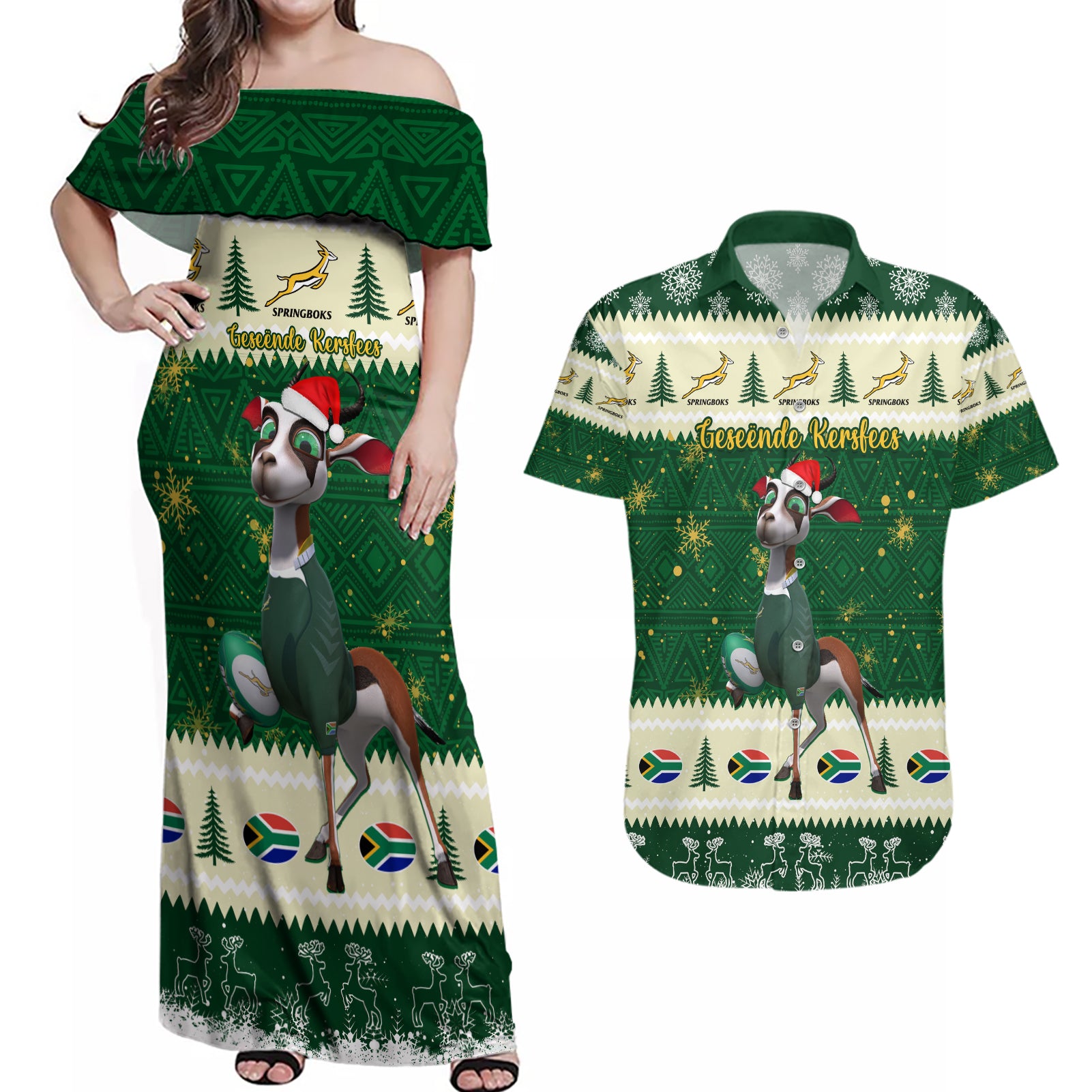 Custom South Africa Rugby Christmas Couples Matching Off Shoulder Maxi Dress and Hawaiian Shirt Geseende Kersfees Springboks African Pattern - Wonder Print Shop