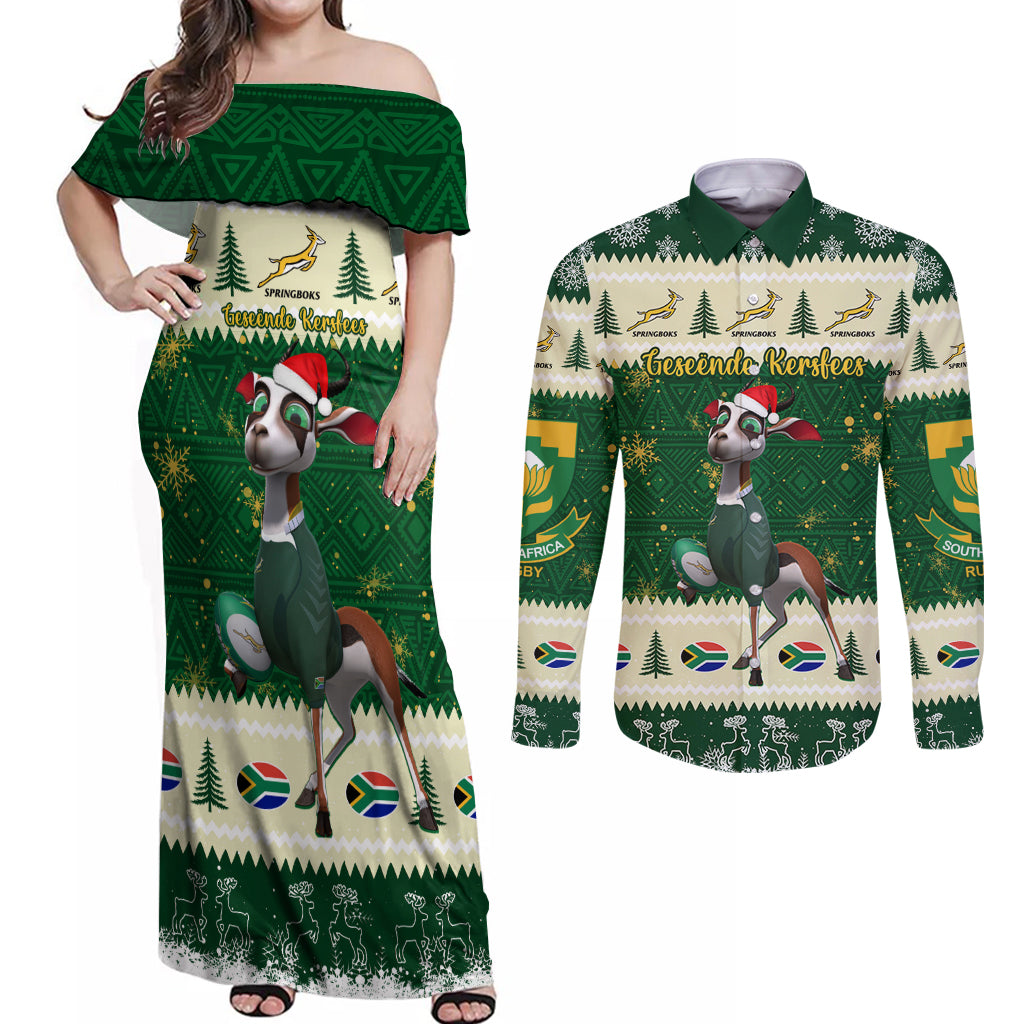 Custom South Africa Rugby Christmas Couples Matching Off Shoulder Maxi Dress and Long Sleeve Button Shirt Geseende Kersfees Springboks African Pattern - Wonder Print Shop