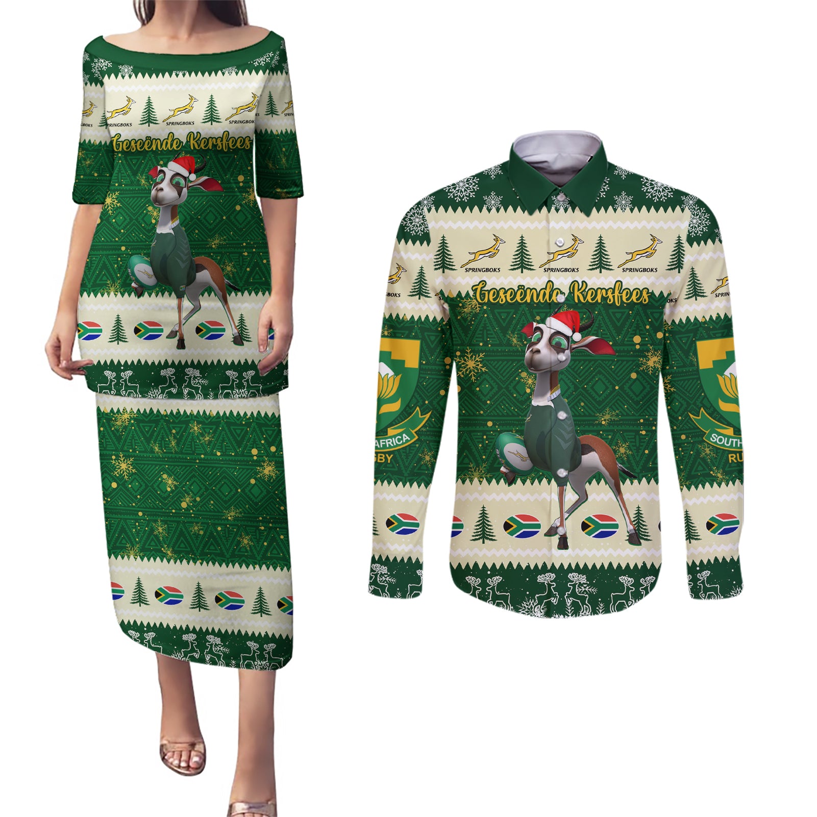 Custom South Africa Rugby Christmas Couples Matching Puletasi Dress and Long Sleeve Button Shirt Geseende Kersfees Springboks African Pattern - Wonder Print Shop