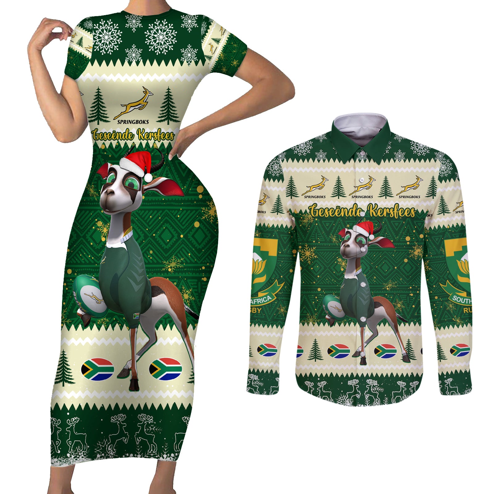 Custom South Africa Rugby Christmas Couples Matching Short Sleeve Bodycon Dress and Long Sleeve Button Shirt Geseende Kersfees Springboks African Pattern - Wonder Print Shop